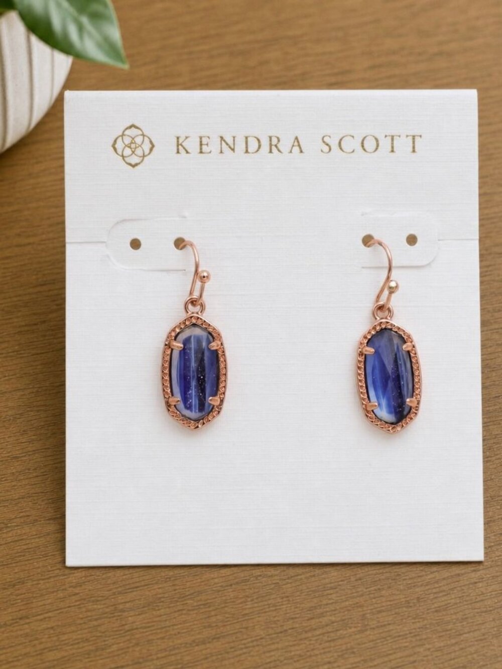 Kendra Scott Lee Rose Gold Navy Dusted Glass Drop Earrings - Picture 1 of 2